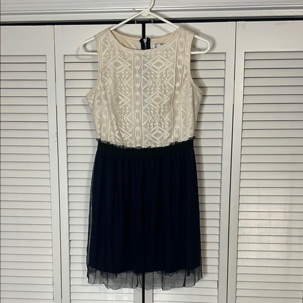Speechless Blue and Cream Fit and Flare Sleeveless Cocktail Dress